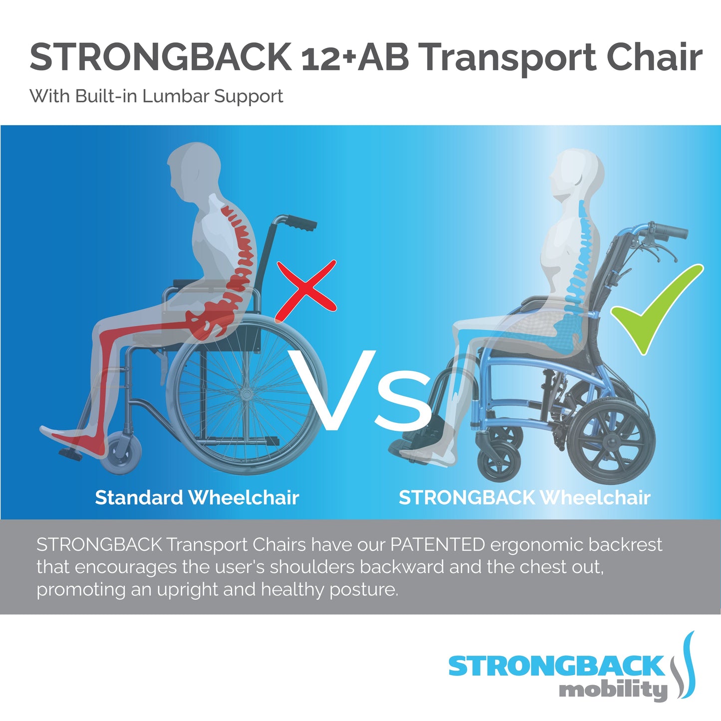 STRONGBACK Excursion 12+AB Transport Wheelchair – Lightweight, Ergonomic, and Foldable