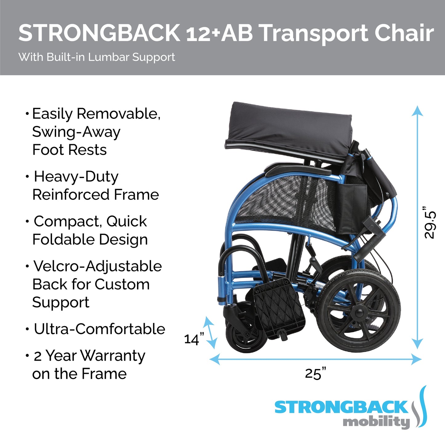STRONGBACK Excursion 12+AB Transport Wheelchair – Lightweight, Ergonomic, and Foldable