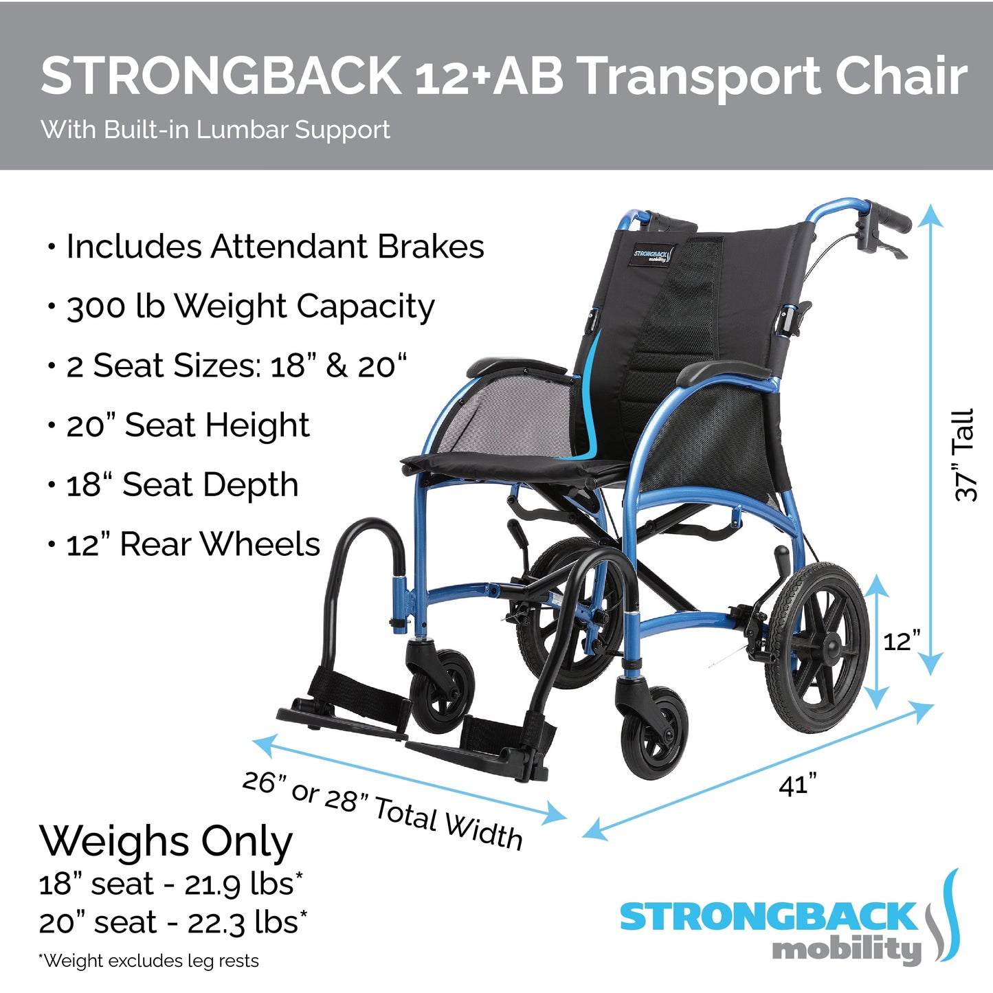 STRONGBACK Excursion 12+AB Transport Wheelchair – Lightweight, Ergonomic, and Foldable