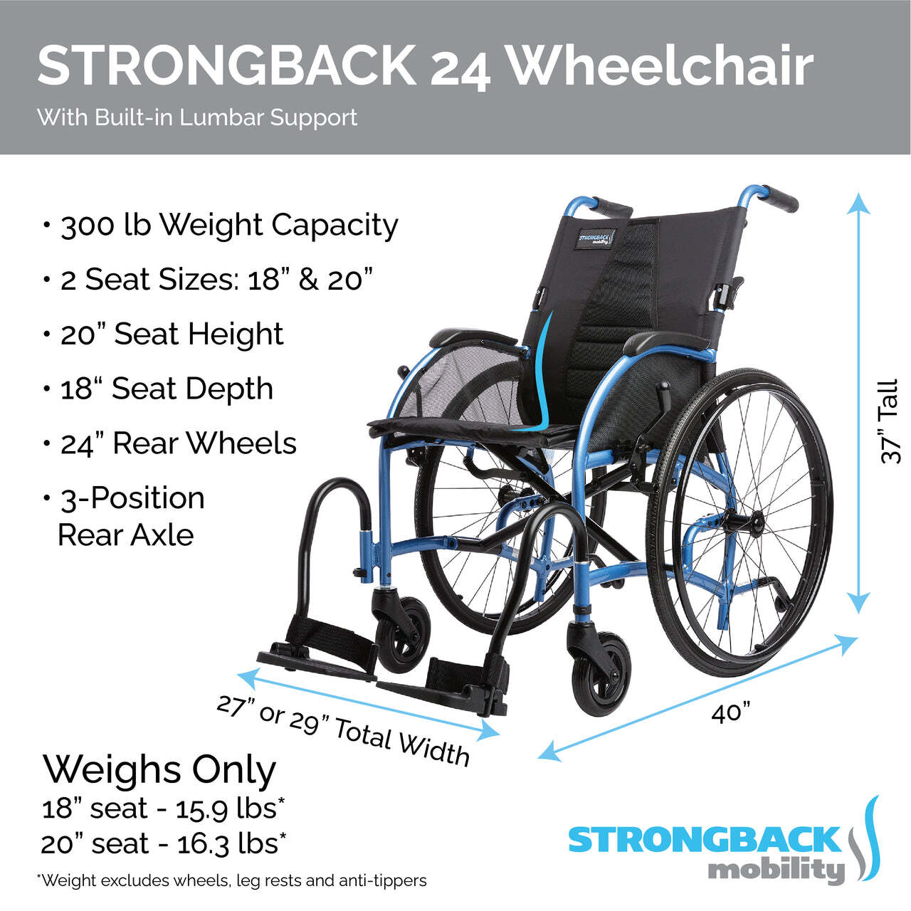 STRONGBACK Comfort 24 Wheelchair – Lightweight, Ergonomic, and Foldable